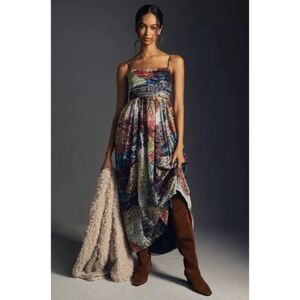 Payal Jain Anthropologie Watercolor Metallic Ruched Maxi Dress L